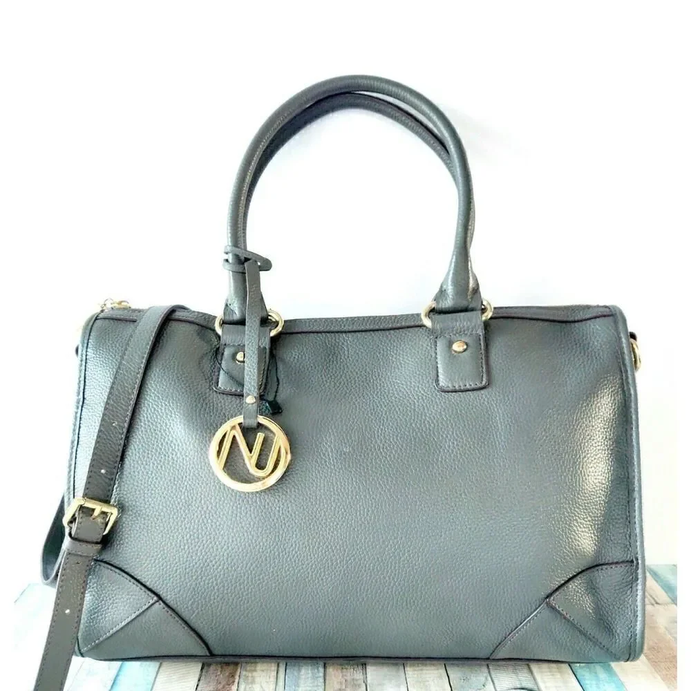 NWOT NUCIANO GRAY GENUINE LEATHER TWO WAYS SATCHEL SHOULDER BAG HANDBAG PURSE